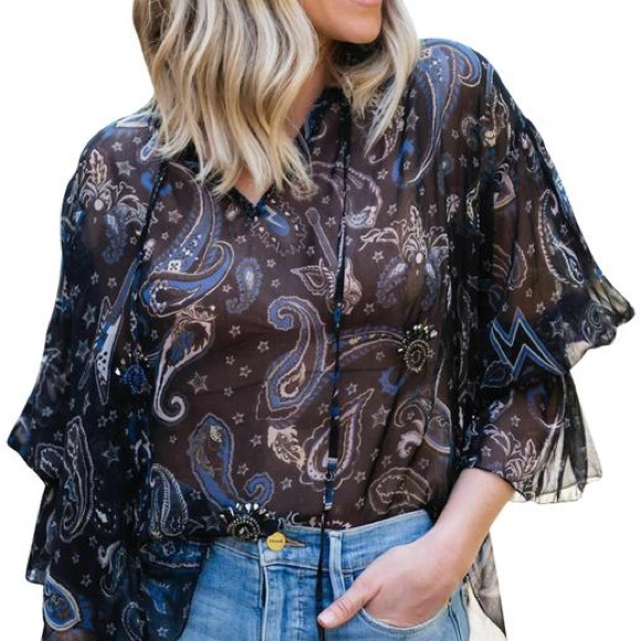 ZADIG & VOLTAIRE Black Talisa Paisley Printed Embellished Smoked Blouse Sz XS 🎸 - Picture 3 of 9